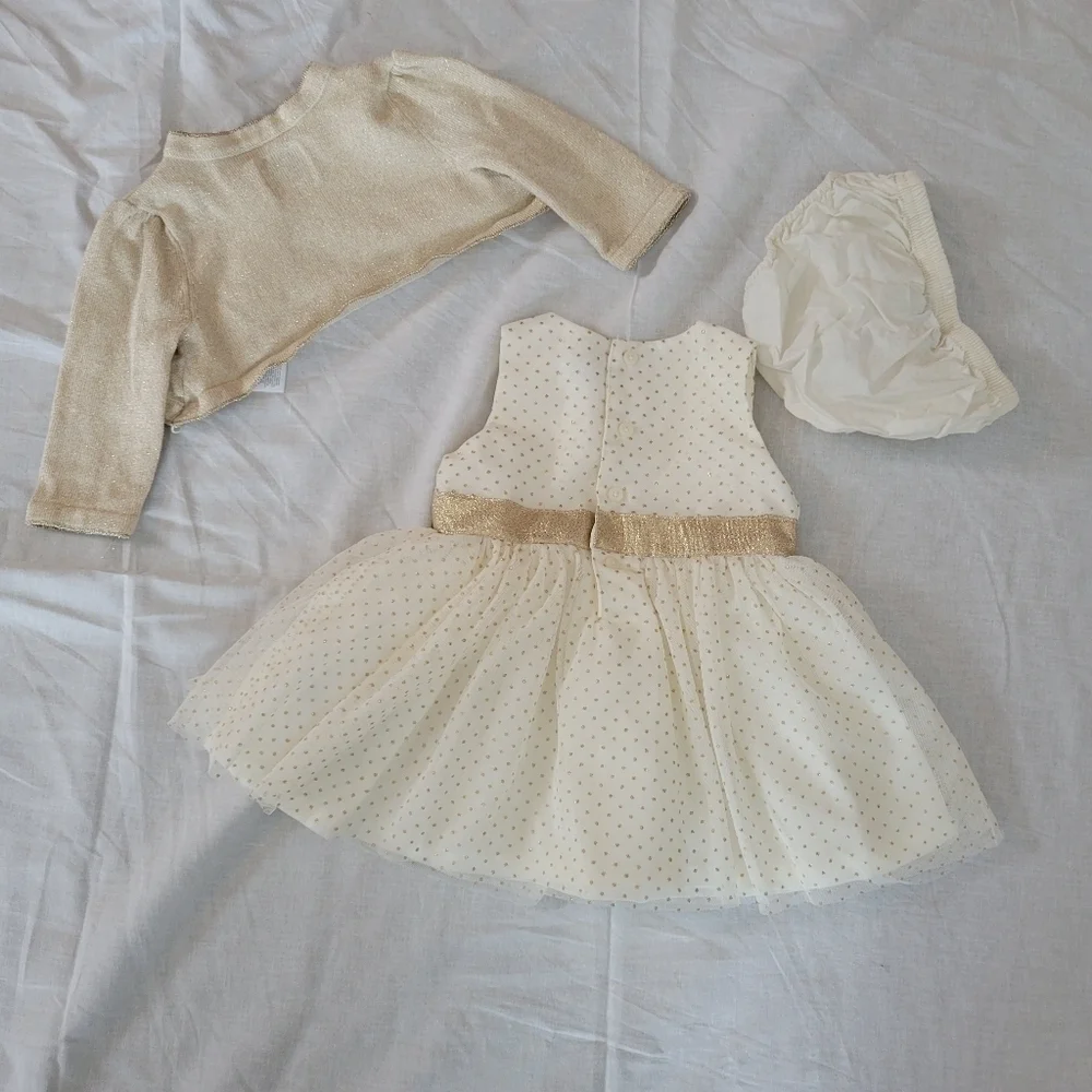 Just One You 3pc Ivory & glitter gold polkadot dress w/ gold cardigan 3m
